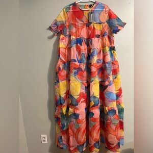 Plus Wear Womens Tiered Boho Floral Sheer Back Zip Maxi Beach Swim Cover Dress L